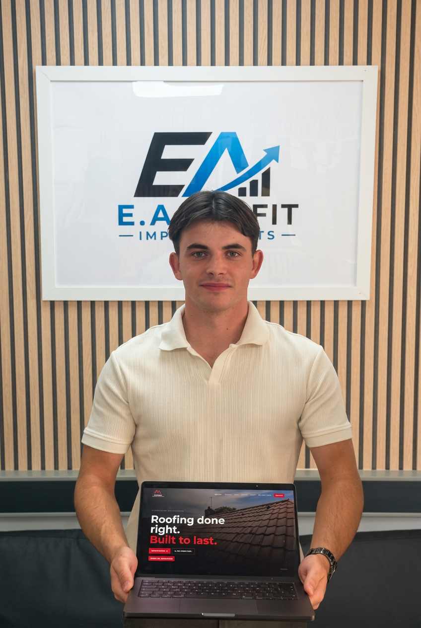 Foster from FH Roofing with his new website on laptop at EA Profit Improvements