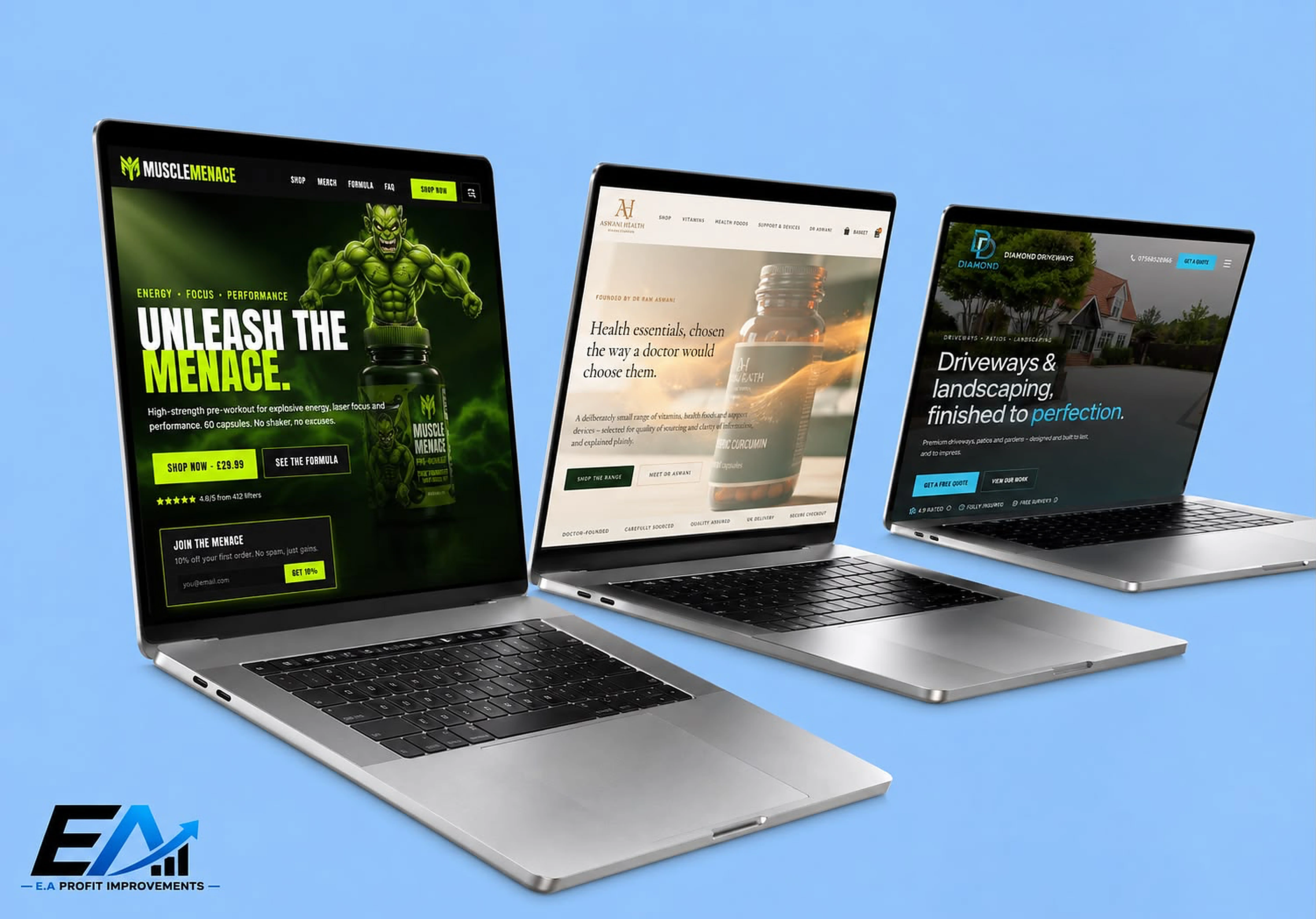 Custom websites we have designed and built, shown on laptops